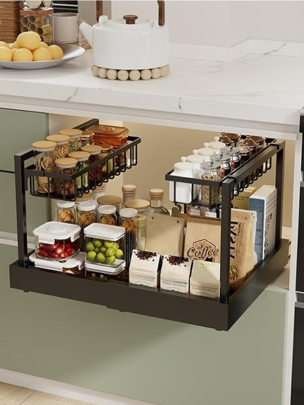 Expandable Under Cabinet Organizer Rack, Black Metal Storage Shelf, 2-Tier Kitch